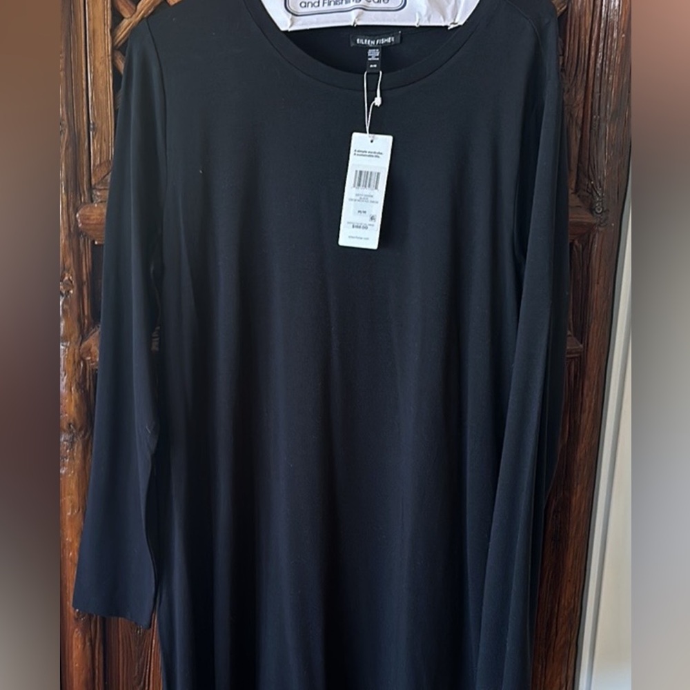 NWT size M Eileen fisher black dress below knee. Long sleeves.